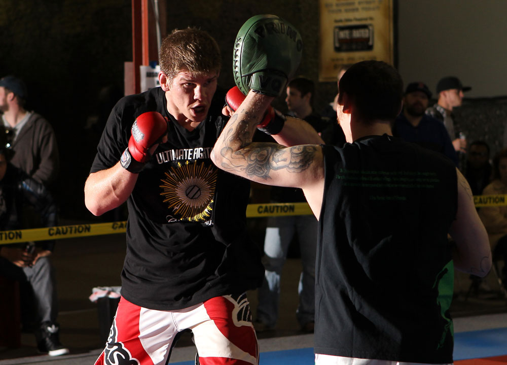 NASHVILLE, TN - JANUARY 18: Christian Morecraft works out for the media during the UFC on FX open workouts at the Nashville MMA Gym on January 18, 2012 in Nashville, Tennessee. (Photo by Josh Hedges/Zuffa LLC/Zuffa LLC via Getty Images)
