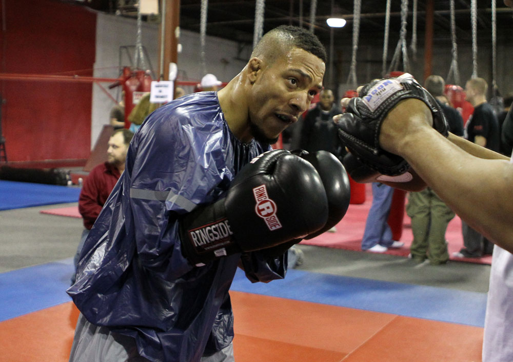 NASHVILLE, TN - JANUARY 18: Mike Easton works out for the media during the UFC on FX open workouts at the Nashville MMA Gym on January 18, 2012 in Nashville, Tennessee. (Photo by Josh Hedges/Zuffa LLC/Zuffa LLC via Getty Images)