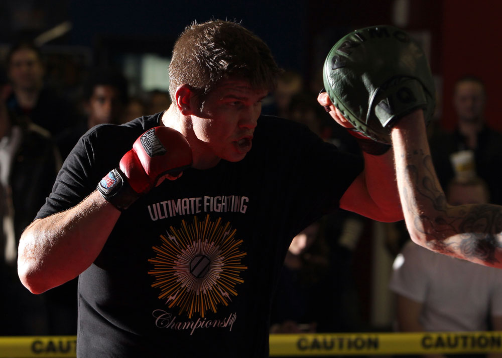 NASHVILLE, TN - JANUARY 18: Christian Morecraft works out for the media during the UFC on FX open workouts at the Nashville MMA Gym on January 18, 2012 in Nashville, Tennessee. (Photo by Josh Hedges/Zuffa LLC/Zuffa LLC via Getty Images)