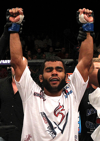 LAS VEGAS, NV - DECEMBER 15: Hugo Viana reacts to being declared the winner over Reuben Duran after their bantamweight fight at the TUF 16 Finale on December 15, 2012 at the Joint at the Hard Rock in Las Vegas, Nevada. (Photo by Jim Kemper/Zuffa LLC/Zuffa LLC via Getty Images) *** Local Caption *** Hugo Viana; Reuben Duran