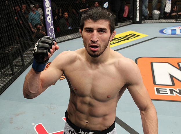 LAS VEGAS, NV - DECEMBER 15: Rustam Khabilov reacts to his knockout victory over Vinc Pichel after their lightweight fight at the TUF 16 Finale on December 15, 2012 at the Joint at the Hard Rock in Las Vegas, Nevada. (Photo by Jim Kemper/Zuffa LLC/Zuffa LLC via Getty Images) *** Local Caption *** Vinc Pichel; Rustam Khabilov