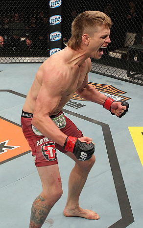 LAS VEGAS, NV - DECEMBER 15: Mike Pyle reacts to his knockout victory over James Head during their welterweight fight at the TUF 16 Finale on December 15, 2012 at the Joint at the Hard Rock in Las Vegas, Nevada. (Photo by Jim Kemper/Zuffa LLC/Zuffa LLC via Getty Images) *** Local Caption *** Mike Pyle; James Head