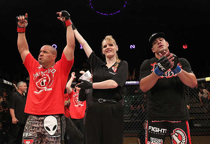 LAS VEGAS, NV - DECEMBER 15: Pat Barry (left) reacts to being declared the winner over Shane Del Rosario (right) after their heavyweight fight at the TUF 16 Finale on December 15, 2012 at the Joint at the Hard Rock in Las Vegas, Nevada. (Photo by Jim Kemper/Zuffa LLC/Zuffa LLC via Getty Images) *** Local Caption *** Pat Barry; Shane Del Rosario