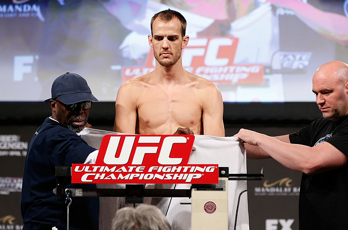 LAS VEGAS, NV - APRIL 12: Cole Miller weighs in during the TUF 17 Finale weigh-in at the Hollywood Theatre at the MGM Grand Hotel/Casino on April 12, 2013 in Las Vegas, Nevada. (Photo by Josh Hedges/Zuffa LLC/Zuffa LLC via Getty Images)