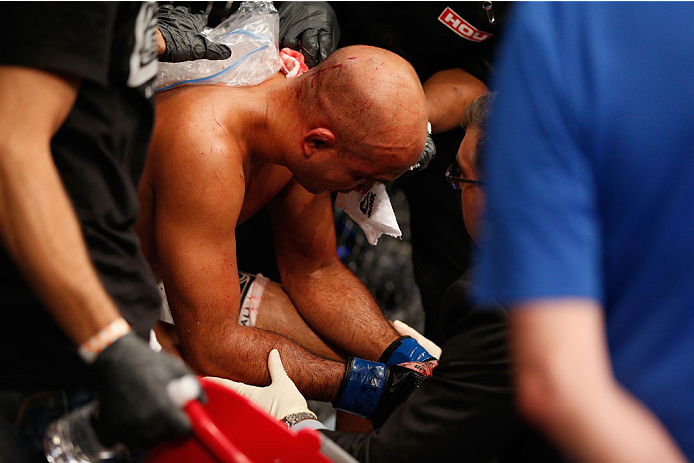 LAS VEGAS, NV - JULY 06:  BJ Penn recovers after his loss to Frankie Edgar in their featherweight fight during the Ultimate Fighter Finale inside the Mandalay Bay Events Center on July 6, 2014 in Las Vegas, Nevada.  (Photo by Josh Hedges/Zuffa LLC/Zuffa LLC via Getty Images)
