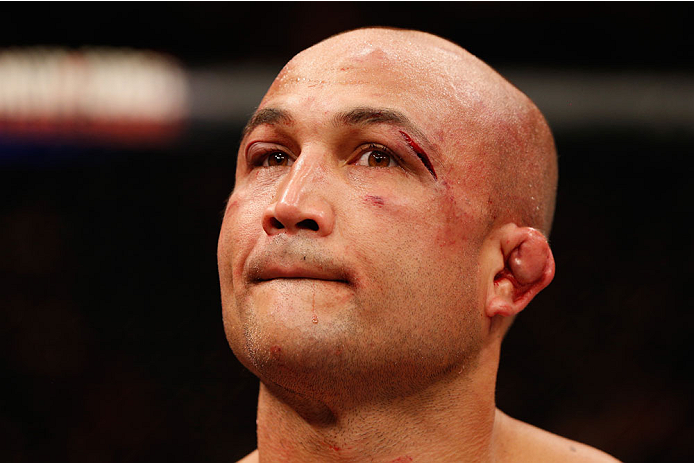 LAS VEGAS, NV - JULY 06:  BJ Penn reacts to his loss to Frankie Edgar in their featherweight fight during the Ultimate Fighter Finale inside the Mandalay Bay Events Center on July 6, 2014 in Las Vegas, Nevada.  (Photo by Josh Hedges/Zuffa LLC/Zuffa LLC via Getty Images)