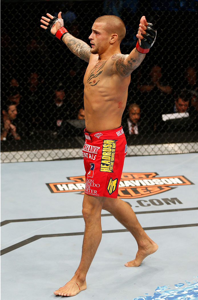 Dustin Poirier reacts after his TKO victory over Akira Corassani in their featherweight fight during the TUF Nations Finale at Colisee Pepsi on April 16, 2014 in Quebec City, Quebec, Canada. (Photo by Josh Hedges/Zuffa LLC)