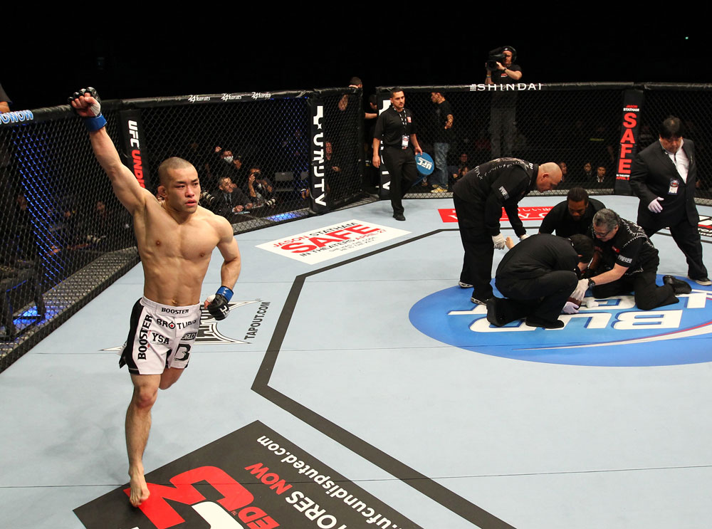 SAITAMA, JAPAN - FEBRUARY 26:  Issei Tamura reacts after knocking out Tiequan Zhang during the UFC 144 event at Saitama Super Arena on February 26, 2012 in Saitama, Japan.  (Photo by Al Bello/Zuffa LLC/Zuffa LLC via Getty Images) *** Local Caption *** Issei Tamura