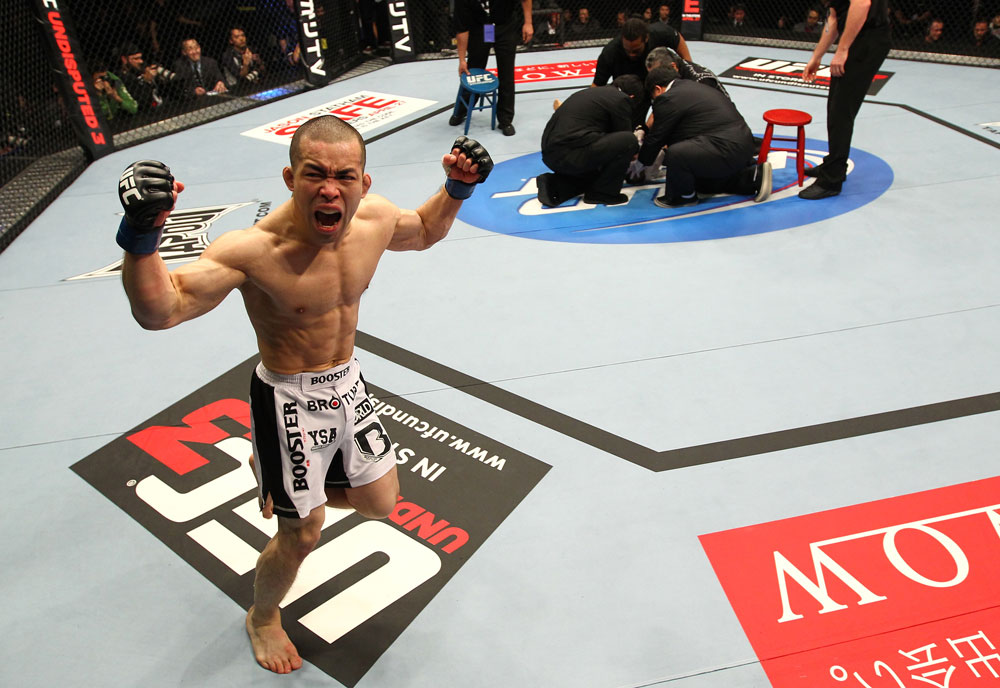 SAITAMA, JAPAN - FEBRUARY 26:  Issei Tamura reacts after knocking out Tiequan Zhang during the UFC 144 event at Saitama Super Arena on February 26, 2012 in Saitama, Japan.  (Photo by Al Bello/Zuffa LLC/Zuffa LLC via Getty Images) *** Local Caption *** Issei Tamura