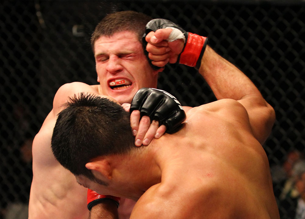 SAITAMA, JAPAN - FEBRUARY 26:  (L-R) RIki Fukuda punches Steve Cantwell during the UFC 144 event at Saitama Super Arena on February 26, 2012 in Saitama, Japan.  (Photo by Al Bello/Zuffa LLC/Zuffa LLC via Getty Images) *** Local Caption *** Riki Fukuda; Steve Cantwell