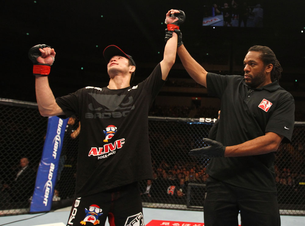 SAITAMA, JAPAN - FEBRUARY 26:  Hatsu Hioki reacts after defeating Bart Palaszewski during the UFC 144 event at Saitama Super Arena on February 26, 2012 in Saitama, Japan.  (Photo by Al Bello/Zuffa LLC/Zuffa LLC via Getty Images) *** Local Caption *** Hatsu Hioki