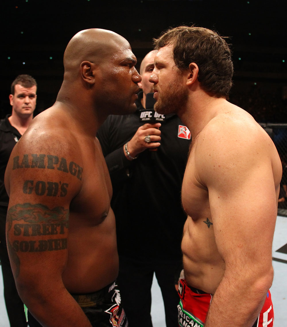 SAITAMA, JAPAN - FEBRUARY 26:  (L-R) Opponents Quinton "Rampage" Jackson and Ryan Bader receive final instructions from the referee before their bout during the UFC 144 event at Saitama Super Arena on February 26, 2012 in Saitama, Japan.  (Photo by Al Bello/Zuffa LLC/Zuffa LLC via Getty Images) *** Local Caption *** Quinton Jackson; Ryan Bader