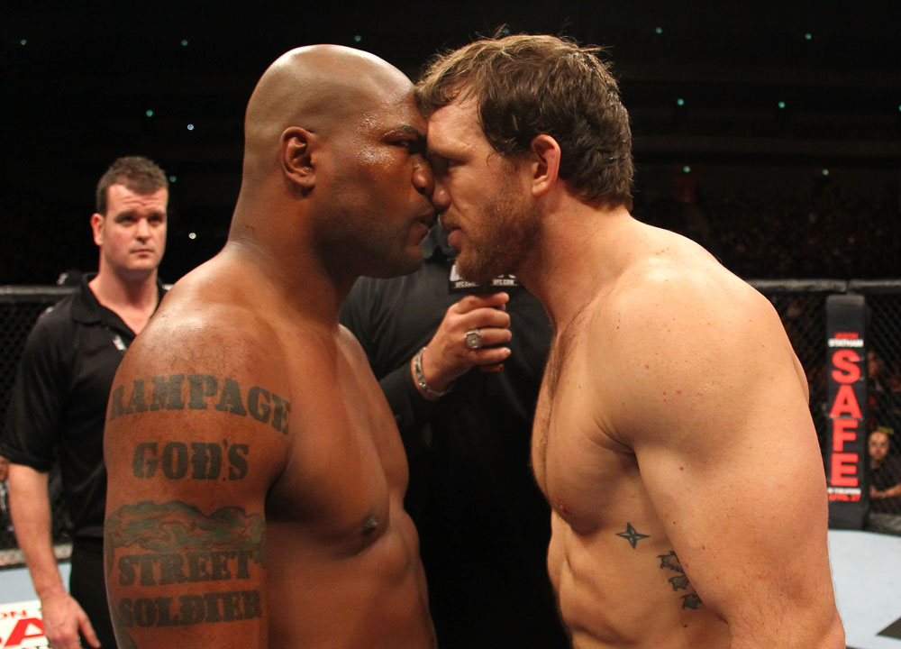 SAITAMA, JAPAN - FEBRUARY 26:  (L-R) Opponents Quinton "Rampage" Jackson and Ryan Bader receive final instructions from the referee before their bout during the UFC 144 event at Saitama Super Arena on February 26, 2012 in Saitama, Japan.  (Photo by Al Bello/Zuffa LLC/Zuffa LLC via Getty Images) *** Local Caption *** Quinton Jackson; Ryan Bader