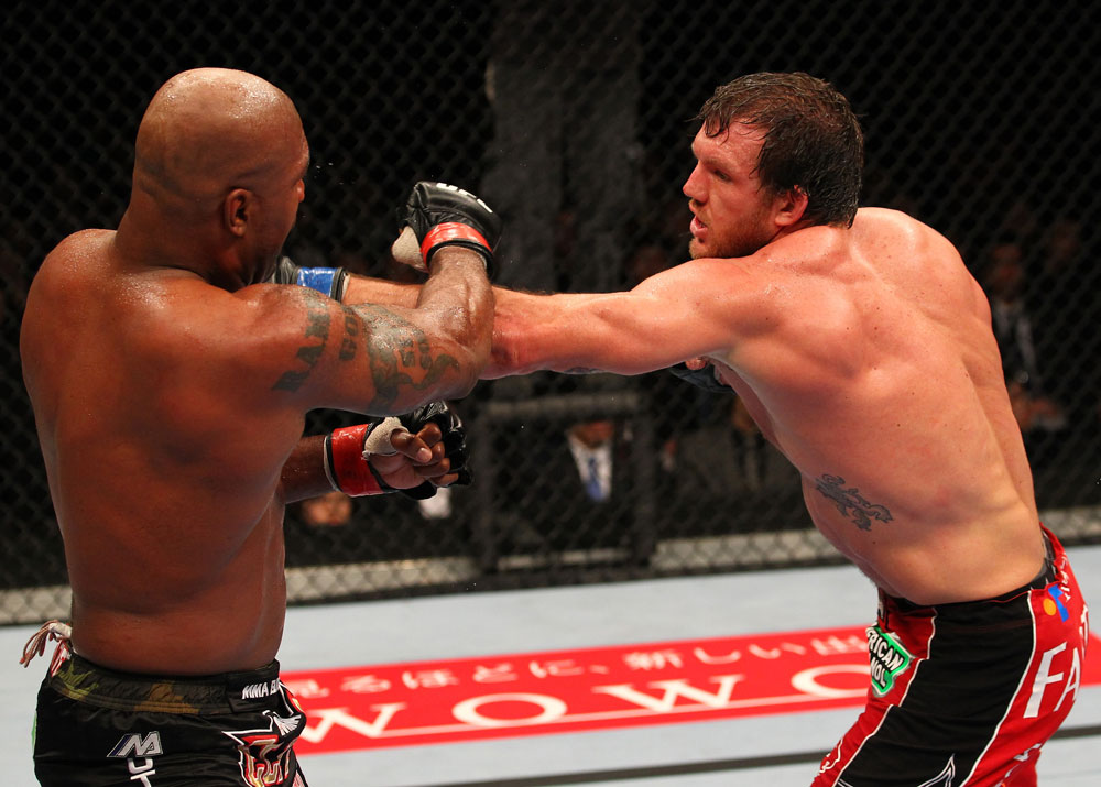 SAITAMA, JAPAN - FEBRUARY 26:  (R-L) Ryan Bader punches Quinton "Rampage" Jackson during the UFC 144 event at Saitama Super Arena on February 26, 2012 in Saitama, Japan.  (Photo by Al Bello/Zuffa LLC/Zuffa LLC via Getty Images) *** Local Caption *** Quinton Jackson; Ryan Bader