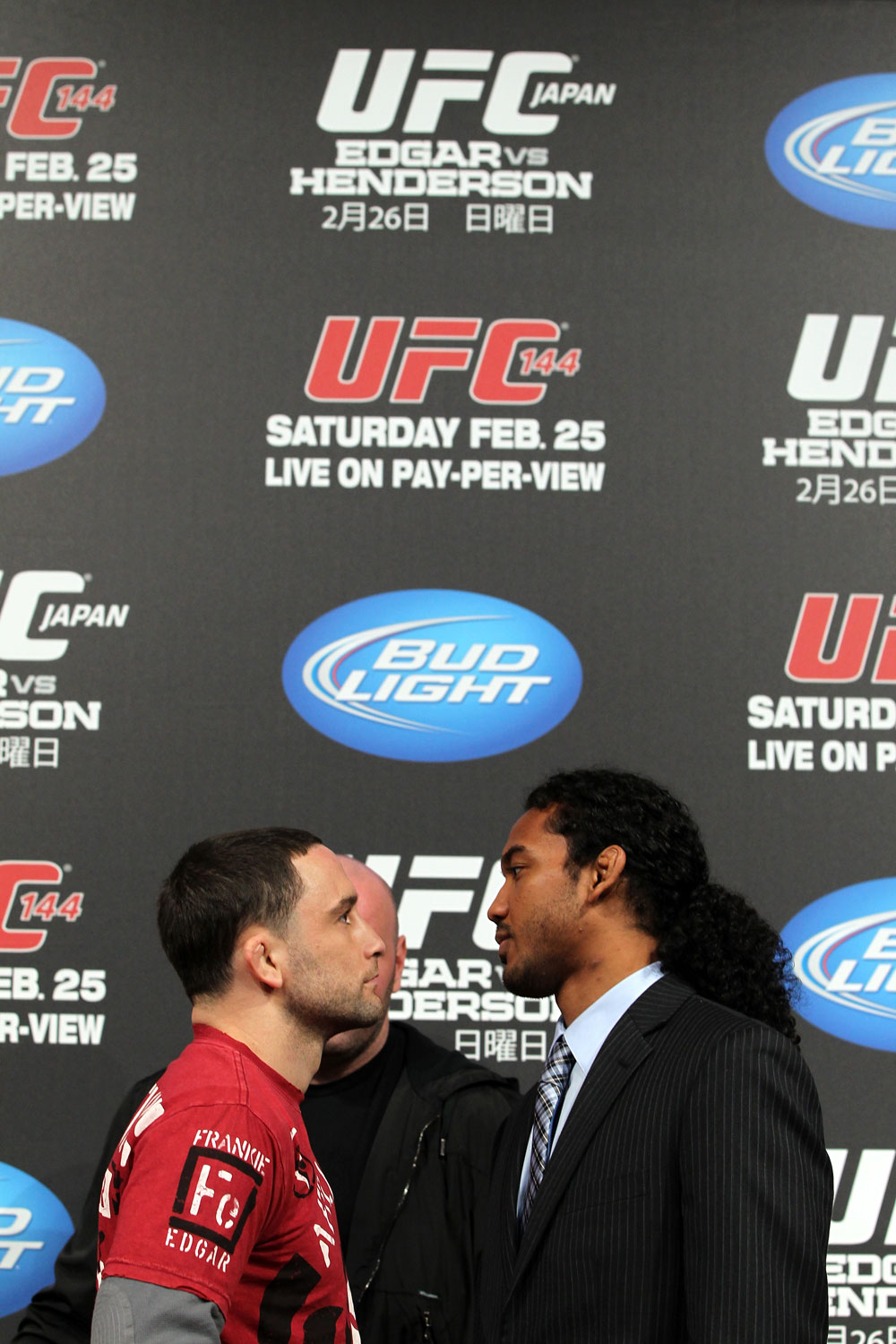 TOKYO, JAPAN - FEBRUARY 23: (L-R) UFC Lightweight Champion Frankie Edgar and challenger Benson Henderson face off at the final UFC 144 pre-fight press conference at the Ritz-Carlton Hotel on February 23, 2012 in Tokyo, Japan. (Photo by Josh Hedges/Zuffa LLC/Zuffa LLC via Getty Images) *** Local Caption *** Frankie Edgar; Benson Henderson