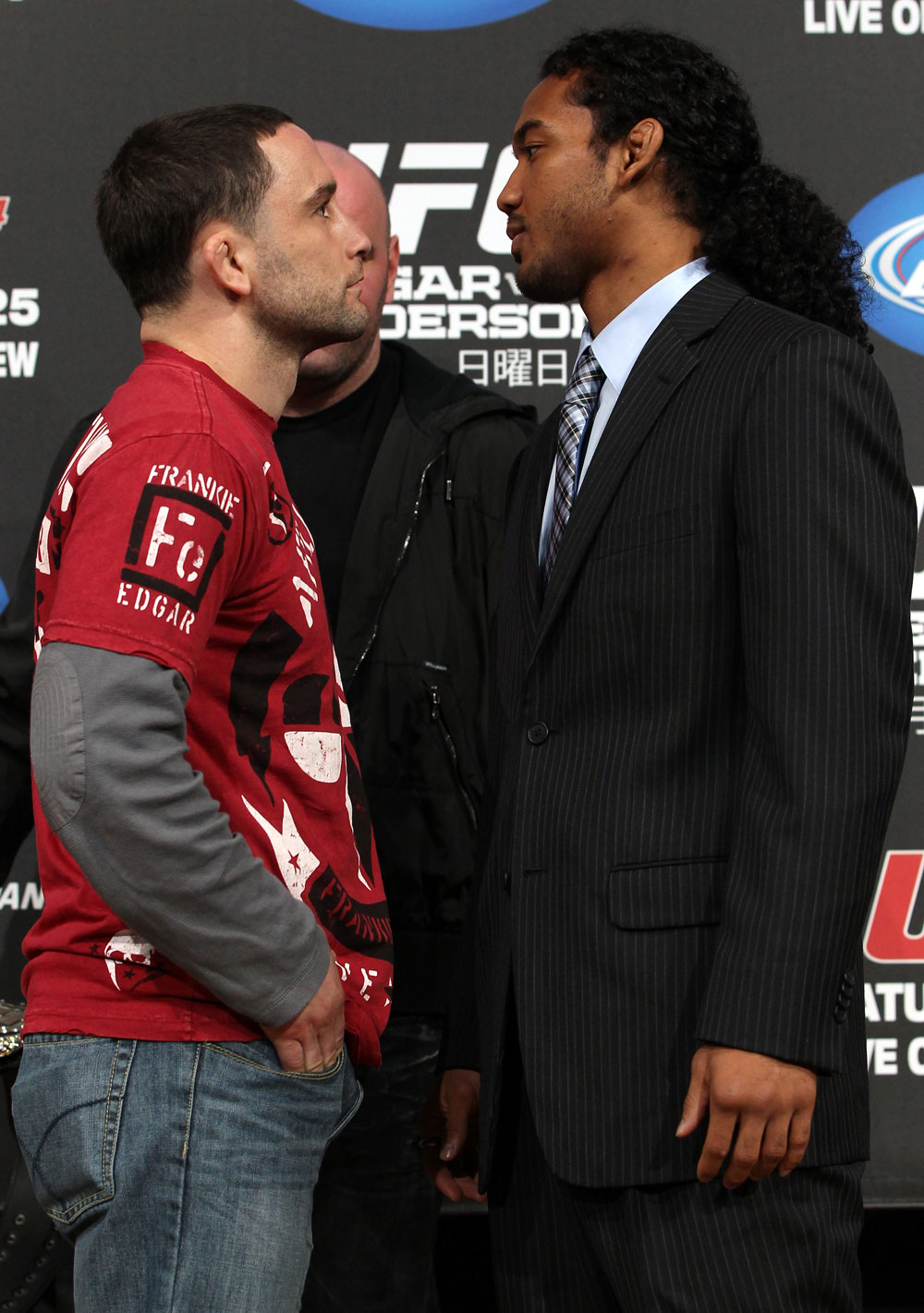 TOKYO, JAPAN - FEBRUARY 23: (L-R) UFC Lightweight Champion Frankie Edgar and challenger Benson Henderson face off at the final UFC 144 pre-fight press conference at the Ritz-Carlton Hotel on February 23, 2012 in Tokyo, Japan. (Photo by Josh Hedges/Zuffa LLC/Zuffa LLC via Getty Images) *** Local Caption *** Frankie Edgar; Benson Henderson