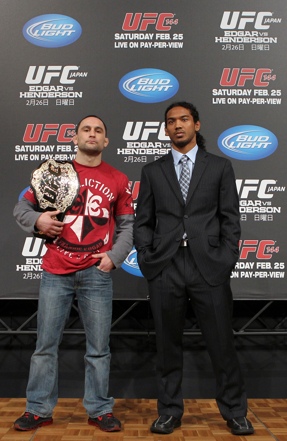 TOKYO, JAPAN - FEBRUARY 23: (L-R) UFC Lightweight Champion Frankie Edgar and challenger Benson Henderson pose for photos at the final UFC 144 pre-fight press conference at the Ritz-Carlton Hotel on February 23, 2012 in Tokyo, Japan. (Photo by Josh Hedges/Zuffa LLC/Zuffa LLC via Getty Images) *** Local Caption *** Frankie Edgar; Benson Henderson