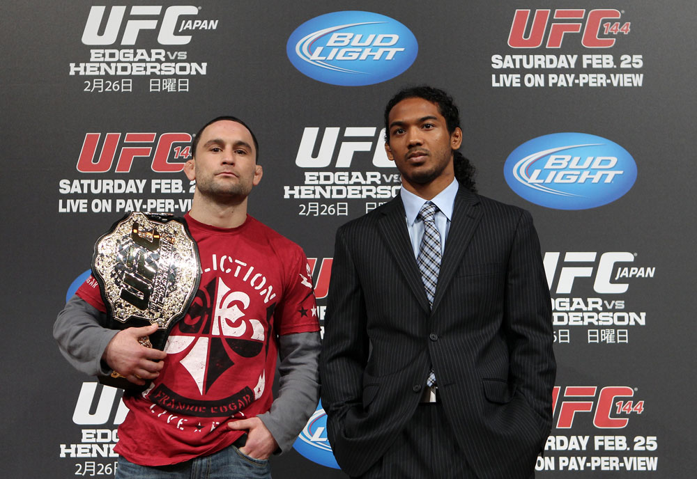 TOKYO, JAPAN - FEBRUARY 23: (L-R) UFC Lightweight Champion Frankie Edgar and challenger Benson Henderson pose for photos at the final UFC 144 pre-fight press conference at the Ritz-Carlton Hotel on February 23, 2012 in Tokyo, Japan. (Photo by Josh Hedges/Zuffa LLC/Zuffa LLC via Getty Images) *** Local Caption *** Frankie Edgar; Benson Henderson