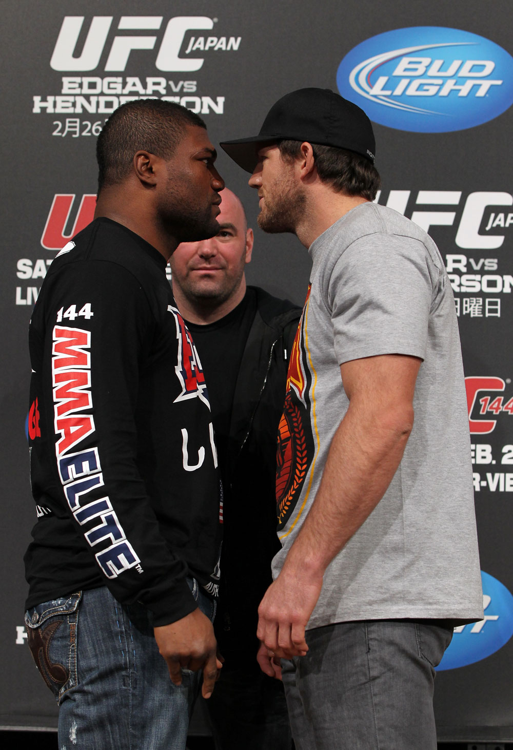 TOKYO, JAPAN - FEBRUARY 23: (L-R) Light Heavyweight opponents Quinton "Rampage" Jackson and Ryan Bader face off at the final UFC 144 pre-fight press conference at the Ritz-Carlton Hotel on February 23, 2012 in Tokyo, Japan. (Photo by Josh Hedges/Zuffa LLC/Zuffa LLC via Getty Images) *** Local Caption *** Quinton Jackson; Ryan Bader