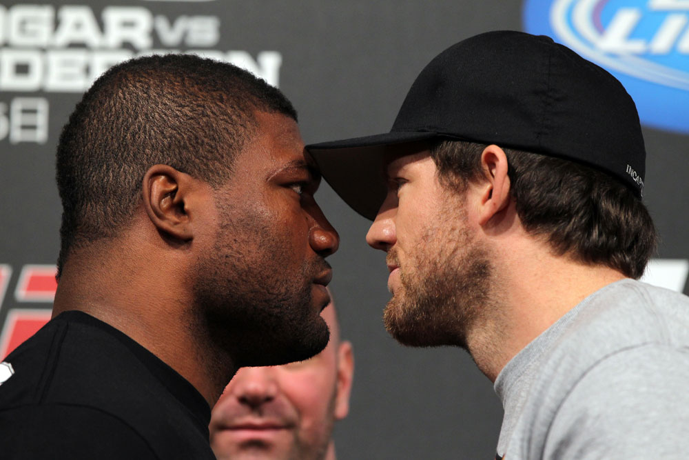 TOKYO, JAPAN - FEBRUARY 23: (L-R) Light Heavyweight opponents Quinton "Rampage" Jackson and Ryan Bader face off at the final UFC 144 pre-fight press conference at the Ritz-Carlton Hotel on February 23, 2012 in Tokyo, Japan. (Photo by Josh Hedges/Zuffa LLC/Zuffa LLC via Getty Images) *** Local Caption *** Quinton Jackson; Ryan Bader