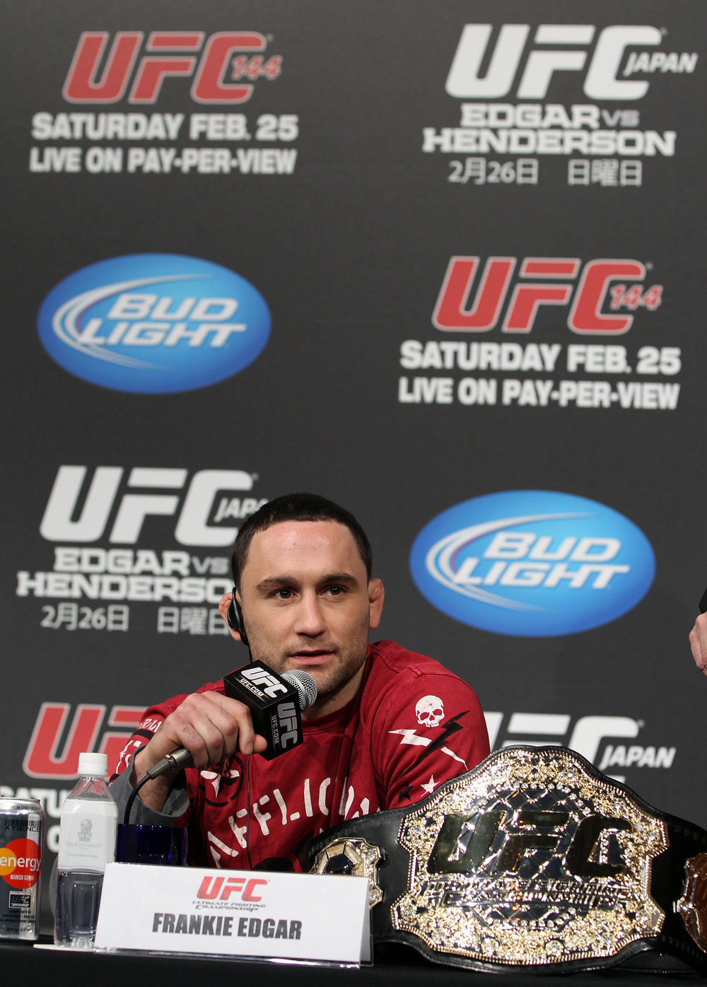 TOKYO, JAPAN - FEBRUARY 23: UFC Lightweight Champion Frankie Edgar attends the final UFC 144 pre-fight press conference at the Ritz-Carlton Hotel on February 23, 2012 in Tokyo, Japan. (Photo by Josh Hedges/Zuffa LLC/Zuffa LLC via Getty Images) *** Local Caption *** Frankie Edgar