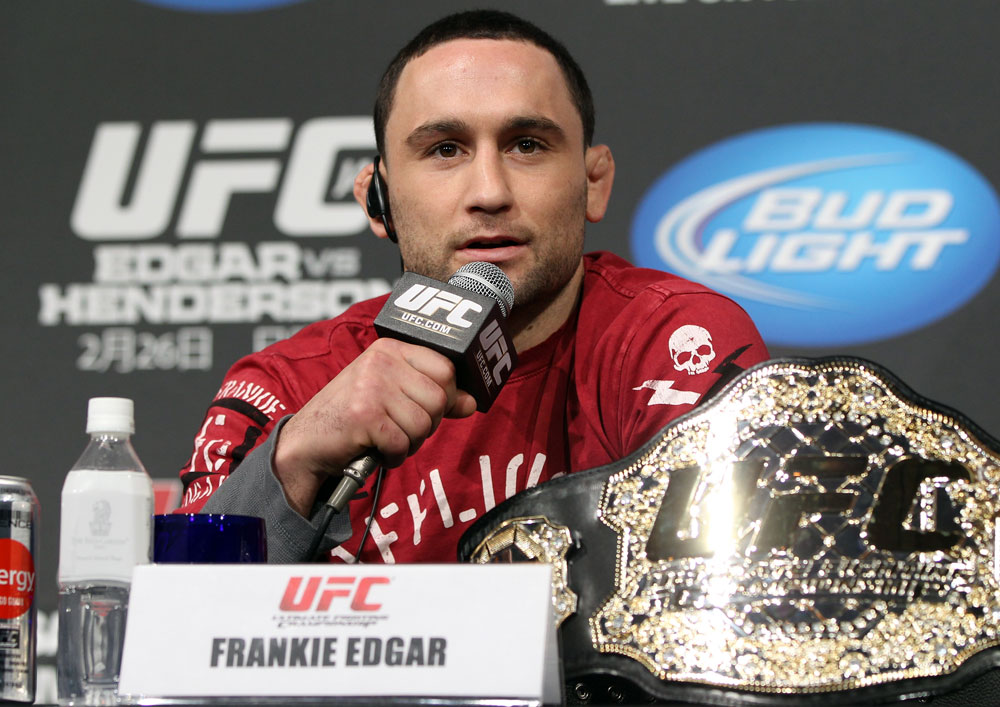 TOKYO, JAPAN - FEBRUARY 23: UFC Lightweight Champion Frankie Edgar attends the final UFC 144 pre-fight press conference at the Ritz-Carlton Hotel on February 23, 2012 in Tokyo, Japan. (Photo by Josh Hedges/Zuffa LLC/Zuffa LLC via Getty Images) *** Local Caption *** Frankie Edgar