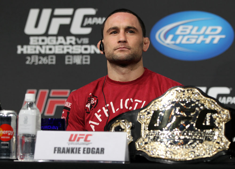 TOKYO, JAPAN - FEBRUARY 23: UFC Lightweight Champion Frankie Edgar attends the final UFC 144 pre-fight press conference at the Ritz-Carlton Hotel on February 23, 2012 in Tokyo, Japan. (Photo by Josh Hedges/Zuffa LLC/Zuffa LLC via Getty Images) *** Local Caption *** Frankie Edgar
