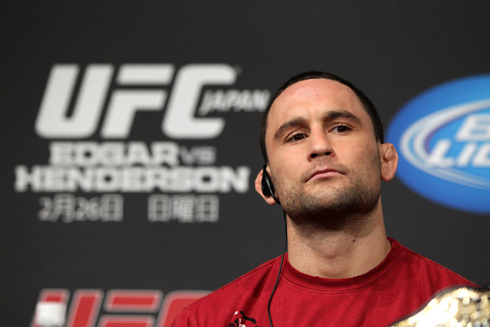 TOKYO, JAPAN - FEBRUARY 23: UFC Lightweight Champion Frankie Edgar attends the final UFC 144 pre-fight press conference at the Ritz-Carlton Hotel on February 23, 2012 in Tokyo, Japan. (Photo by Josh Hedges/Zuffa LLC/Zuffa LLC via Getty Images) *** Local Caption *** Frankie Edgar