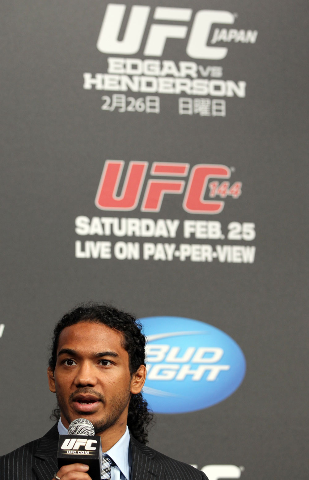 TOKYO, JAPAN - FEBRUARY 23: Benson Henderson attends the final UFC 144 pre-fight press conference at the Ritz-Carlton Hotel on February 23, 2012 in Tokyo, Japan. (Photo by Josh Hedges/Zuffa LLC/Zuffa LLC via Getty Images) *** Local Caption *** Benson Henderson