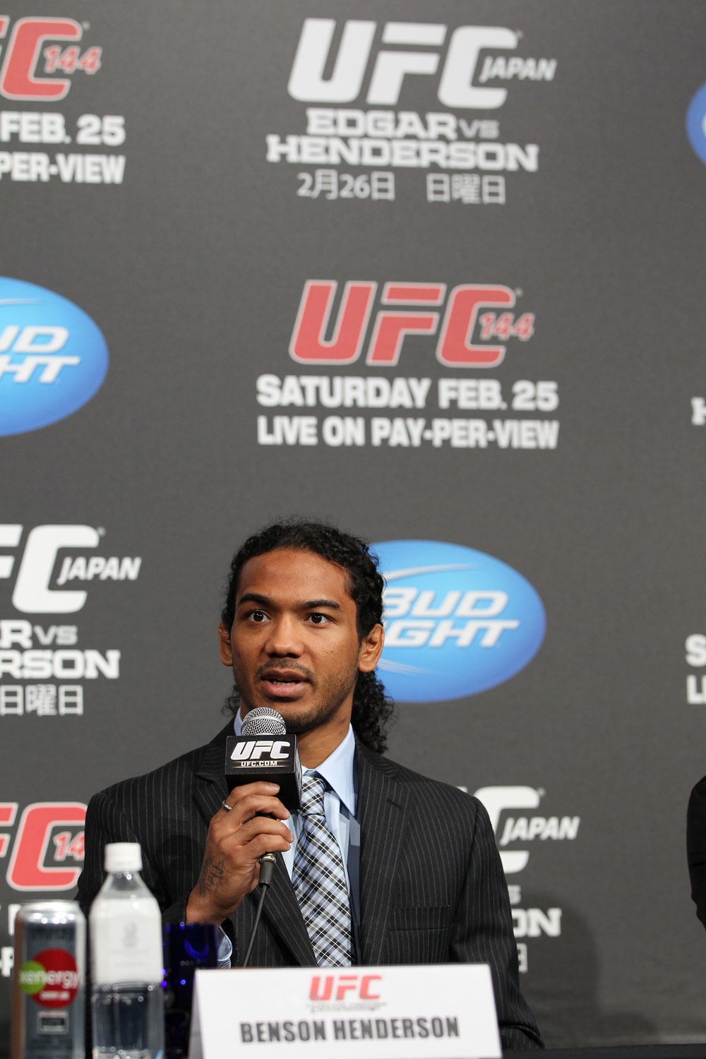 TOKYO, JAPAN - FEBRUARY 23: Benson Henderson attends the final UFC 144 pre-fight press conference at the Ritz-Carlton Hotel on February 23, 2012 in Tokyo, Japan. (Photo by Josh Hedges/Zuffa LLC/Zuffa LLC via Getty Images) *** Local Caption *** Benson Henderson