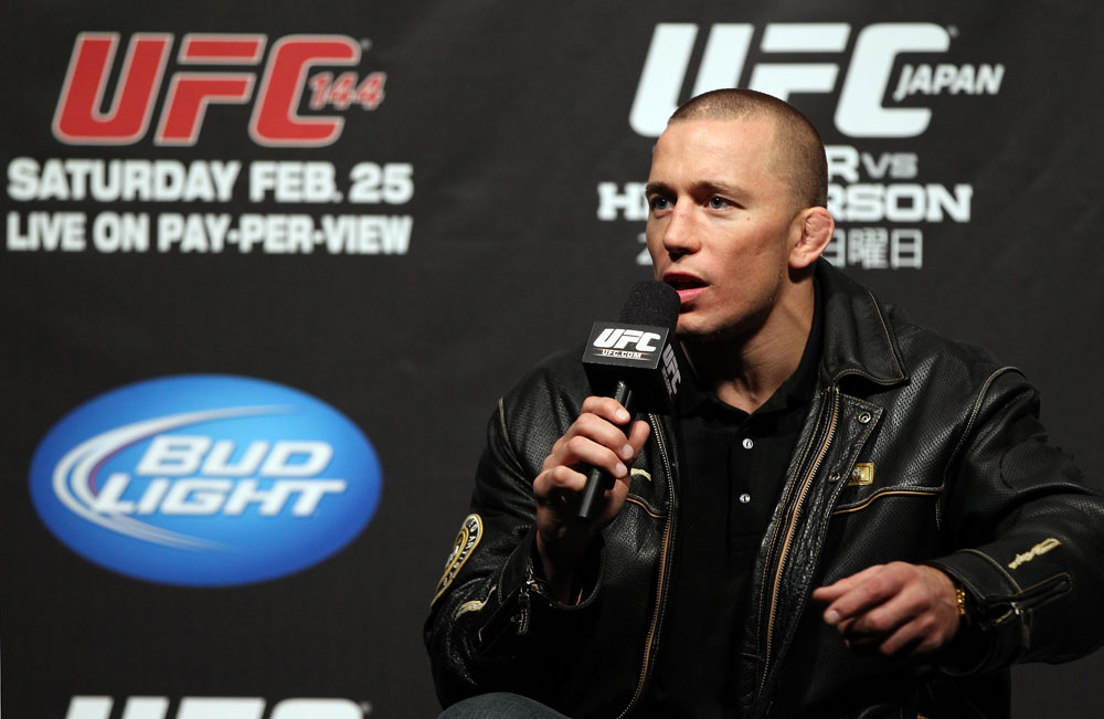 SAITAMA, JAPAN - FEBRUARY 25: UFC Welterweight Champion Georges St-Pierre takes part in a Q&A session before the official UFC 144 weigh in at the Saitama Super Arena on February 25, 2012 in Saitama, Japan. (Photo by Josh Hedges/Zuffa LLC/Zuffa LLC via Getty Images) *** Local Caption *** Georges St-Pierre