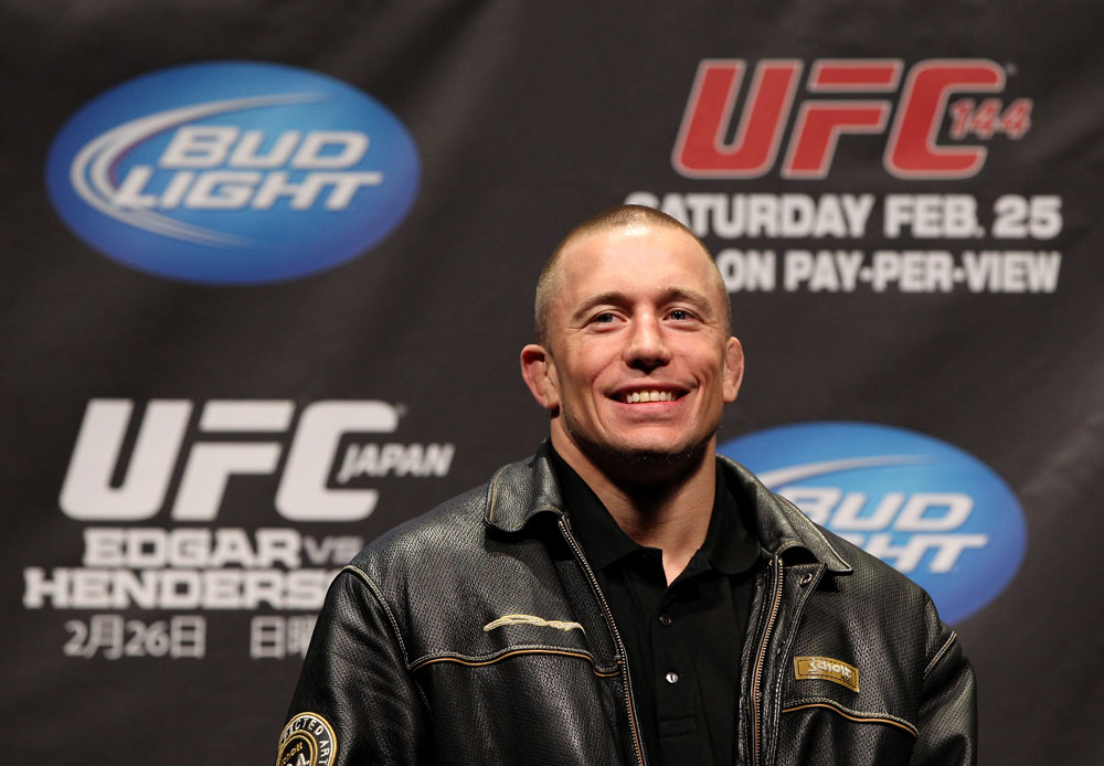 SAITAMA, JAPAN - FEBRUARY 25: UFC Welterweight Champion Georges St-Pierre takes part in a Q&A session before the official UFC 144 weigh in at the Saitama Super Arena on February 25, 2012 in Saitama, Japan. (Photo by Josh Hedges/Zuffa LLC/Zuffa LLC via Getty Images) *** Local Caption *** Georges St-Pierre