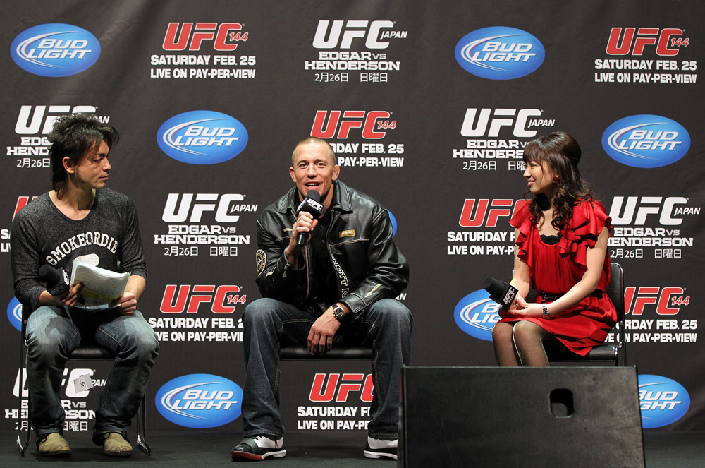 SAITAMA, JAPAN - FEBRUARY 25: UFC Welterweight Champion Georges St-Pierre (center) takes part in a Q&A session before the official UFC 144 weigh in at the Saitama Super Arena on February 25, 2012 in Saitama, Japan. (Photo by Josh Hedges/Zuffa LLC/Zuffa LLC via Getty Images) *** Local Caption *** Georges St-Pierre