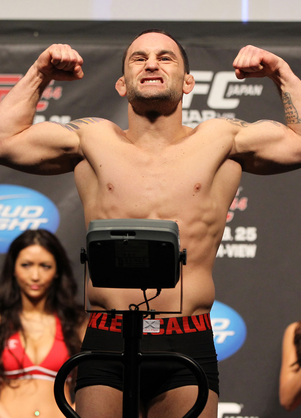 SAITAMA, JAPAN - FEBRUARY 25: UFC Lightweight Champion Frankie Edgar weighs in during the official UFC 144 weigh in at the Saitama Super Arena on February 25, 2012 in Saitama, Japan. (Photo by Josh Hedges/Zuffa LLC/Zuffa LLC via Getty Images) *** Local Caption *** Frankie Edgar