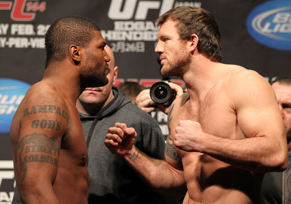 SAITAMA, JAPAN - FEBRUARY 25: (L-R) Light Heavyweight opponents Quinton "Rampage" Jackson and Ryan Bader face off after weighing in during the official UFC 144 weigh in at the Saitama Super Arena on February 25, 2012 in Saitama, Japan. (Photo by Josh Hedges/Zuffa LLC/Zuffa LLC via Getty Images) *** Local Caption *** Quinton Jackson; Ryan Bader
