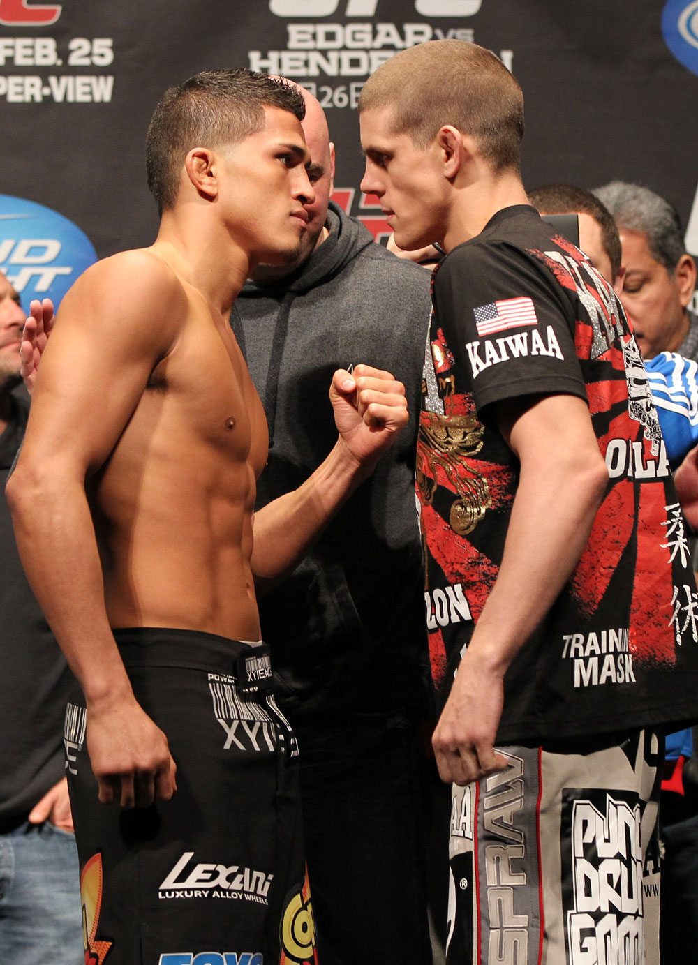 SAITAMA, JAPAN - FEBRUARY 25: (L-R) Lightweight opponents Anthony Pettis and Joe Lauzon face off after weighing in during the official UFC 144 weigh in at the Saitama Super Arena on February 25, 2012 in Saitama, Japan. (Photo by Josh Hedges/Zuffa LLC/Zuffa LLC via Getty Images) *** Local Caption *** Anthony Pettis; Joe Lauzon