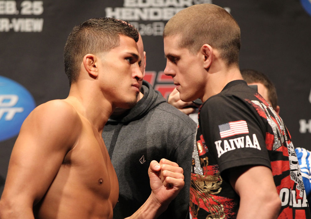 SAITAMA, JAPAN - FEBRUARY 25: (L-R) Lightweight opponents Anthony Pettis and Joe Lauzon face off after weighing in during the official UFC 144 weigh in at the Saitama Super Arena on February 25, 2012 in Saitama, Japan. (Photo by Josh Hedges/Zuffa LLC/Zuffa LLC via Getty Images) *** Local Caption *** Anthony Pettis; Joe Lauzon