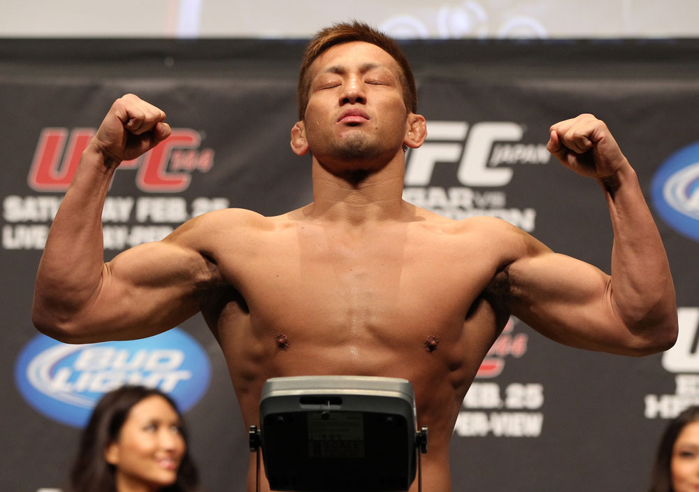 SAITAMA, JAPAN - FEBRUARY 25: Eiji Mitsuoka weighs in during the official UFC 144 weigh in at the Saitama Super Arena on February 25, 2012 in Saitama, Japan. (Photo by Josh Hedges/Zuffa LLC/Zuffa LLC via Getty Images) *** Local Caption *** Eiji Mitsuoka