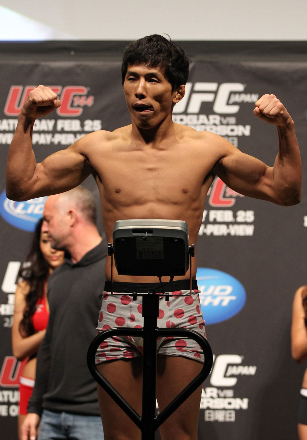 SAITAMA, JAPAN - FEBRUARY 25: Takeya Mizugaki weighs in during the official UFC 144 weigh in at the Saitama Super Arena on February 25, 2012 in Saitama, Japan. (Photo by Josh Hedges/Zuffa LLC/Zuffa LLC via Getty Images) *** Local Caption *** Takeya Mizugaki