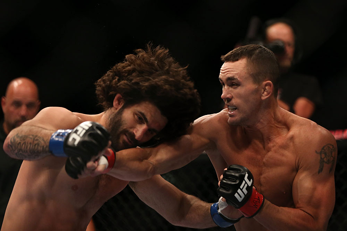 TORONTO, CANADA - SEPTEMBER 22: (R-L) Kyle Noke knocks out Charlie Brenneman with a punch during their welterweight bout at UFC 152 inside Air Canada Centre on September 22, 2012 in Toronto, Ontario, Canada. (Photo by Josh Hedges/Zuffa LLC/Zuffa LLC via Getty Images)