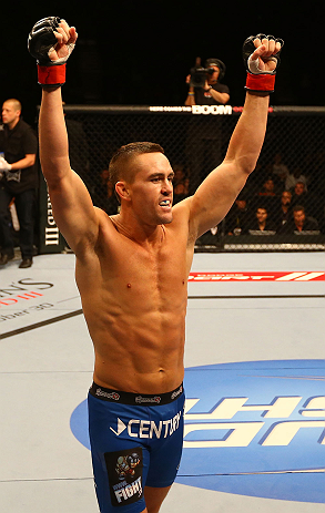 TORONTO, CANADA - SEPTEMBER 22:    Kyle Noke reacts after knockout out Charlie Brenneman during their welterweight bout at UFC 152 inside Air Canada Centre on September 22, 2012 in Toronto, Ontario, Canada.  (Photo by Al Bello/Zuffa LLC/Zuffa LLC via Getty Images)