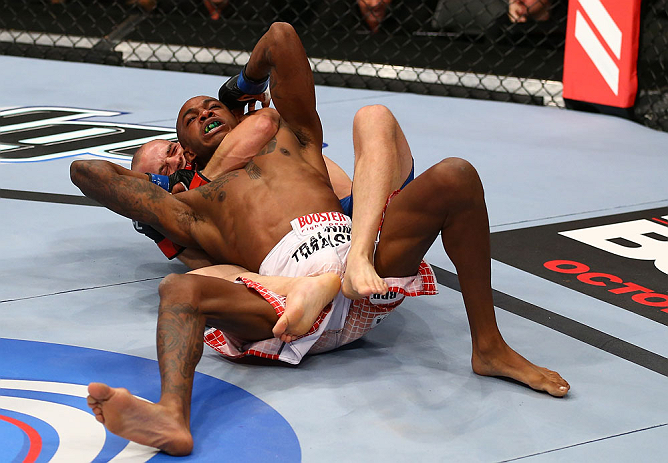 TORONTO, CANADA - SEPTEMBER 22: (L-R) Mitch Gagnon secures a rear choke submission against Walel Watson during their bantamweight bout at UFC 152 inside Air Canada Centre on September 22, 2012 in Toronto, Ontario, Canada. (Photo by Al Bello/Zuffa LLC/Zuffa LLC via Getty Images)