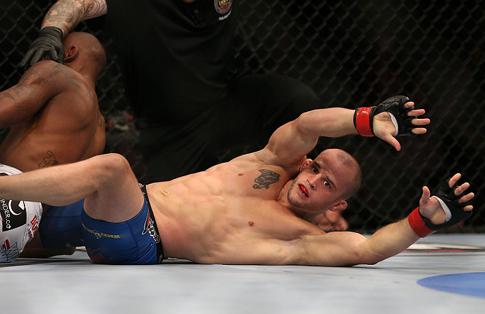 TORONTO, CANADA - SEPTEMBER 22: Mitch Gagnon (R) reacts after defeating Walel Watson by submission during their bantamweight bout at UFC 152 inside Air Canada Centre on September 22, 2012 in Toronto, Ontario, Canada. (Photo by Josh Hedges/Zuffa LLC/Zuffa LLC via Getty Images)