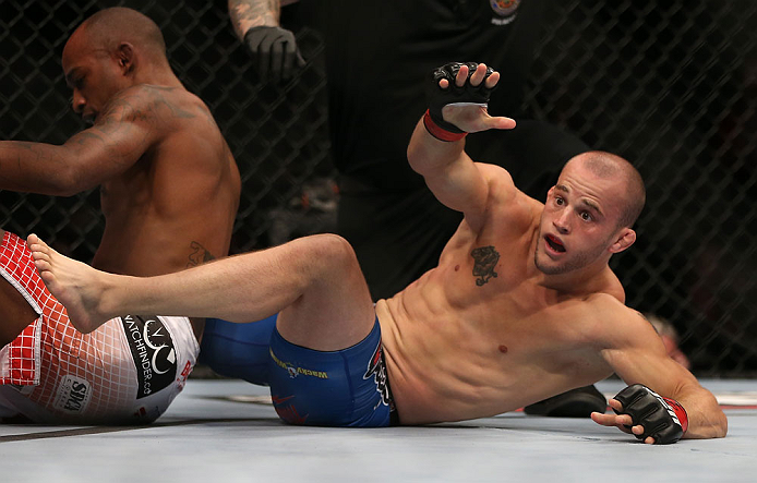 TORONTO, CANADA - SEPTEMBER 22: Mitch Gagnon (R) reacts after defeating Walel Watson by submission during their bantamweight bout at UFC 152 inside Air Canada Centre on September 22, 2012 in Toronto, Ontario, Canada. (Photo by Josh Hedges/Zuffa LLC/Zuffa LLC via Getty Images)