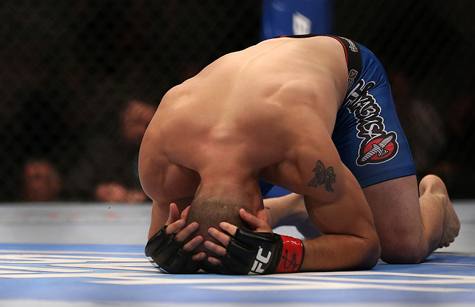 TORONTO, CANADA - SEPTEMBER 22: Mitch Gagnon reacts after defeating Walel Watson by submission during their bantamweight bout at UFC 152 inside Air Canada Centre on September 22, 2012 in Toronto, Ontario, Canada. (Photo by Josh Hedges/Zuffa LLC/Zuffa LLC via Getty Images)
