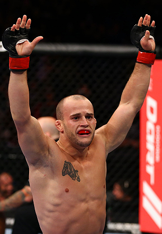TORONTO, CANADA - SEPTEMBER 22: Mitch Gagnon reacts after defeating Walel Watson by submission during their bantamweight bout at UFC 152 inside Air Canada Centre on September 22, 2012 in Toronto, Ontario, Canada. (Photo by Al Bello/Zuffa LLC/Zuffa LLC via Getty Images)
