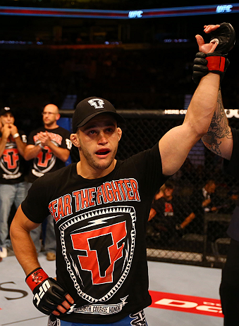 TORONTO, CANADA - SEPTEMBER 22: Mitch Gagnon reacts after defeating Walel Watson by submission during their bantamweight bout at UFC 152 inside Air Canada Centre on September 22, 2012 in Toronto, Ontario, Canada. (Photo by Al Bello/Zuffa LLC/Zuffa LLC via Getty Images)