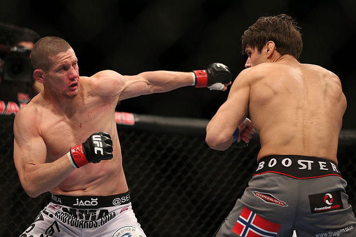 TORONTO, CANADA - SEPTEMBER 22: (L-R) Seth Baczynski punches Simeon Thoresen during their welterweight bout at UFC 152 inside Air Canada Centre on September 22, 2012 in Toronto, Ontario, Canada. (Photo by Josh Hedges/Zuffa LLC/Zuffa LLC via Getty Images)