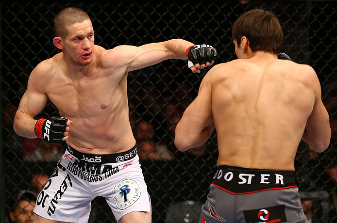 TORONTO, CANADA - SEPTEMBER 22: (L-R) Seth Baczynski punches Simeon Thoresen during their welterweight bout at UFC 152 inside Air Canada Centre on September 22, 2012 in Toronto, Ontario, Canada. (Photo by Al Bello/Zuffa LLC/Zuffa LLC via Getty Images)