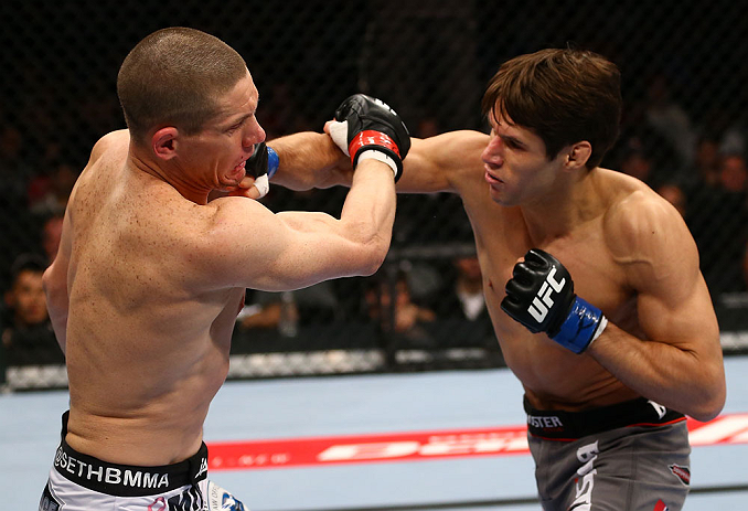 TORONTO, CANADA - SEPTEMBER 22: (R-L) Simeon Thoresen punches Seth Baczynski during their welterweight bout at UFC 152 inside Air Canada Centre on September 22, 2012 in Toronto, Ontario, Canada. (Photo by Al Bello/Zuffa LLC/Zuffa LLC via Getty Images)